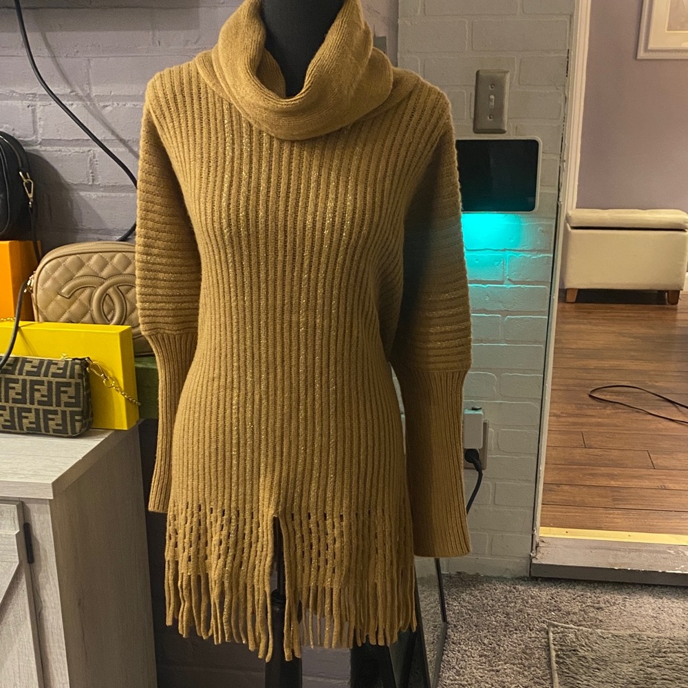 Cozy Camel Colored Cowl Neck Sweater with Fringe